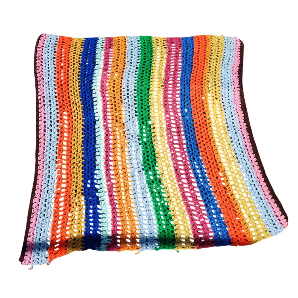 Vintage Crochet Throw Blanket Multicolor Stripe Afghan‎ CottageCore Retro 24x36